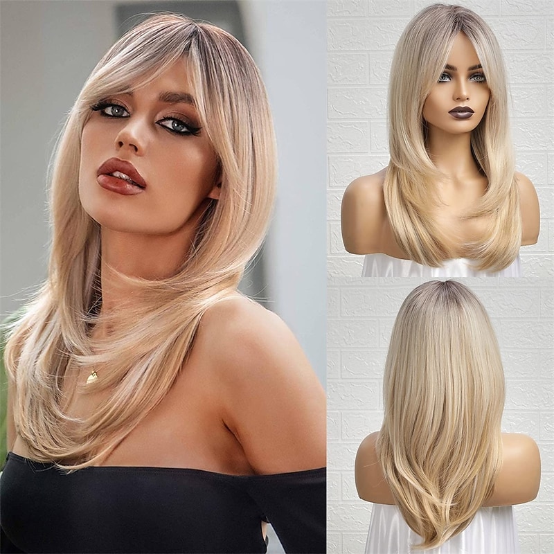 Ombre Blonde Wigs with BangsShoulder Length Ash Blonde Wig for Women Layered Wigs Dark Roots Synthetic Wigs for Daily Party 24IN Halloween Wigs2