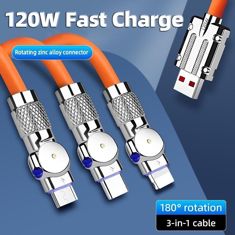 120W 3 in 1 Super Fast Charging Cable Micro USB Type c Gaming180° Rotating Data Cable For Huawei Smart Phone Silicone Cable
