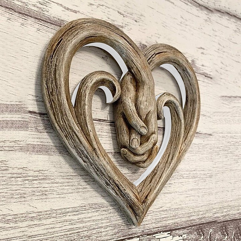 Heart Holding Hands Wall Decor Wooden Sculpture Wall Art Handshake Craft Statue for Home Office Garden Decoration- Forever Love2
