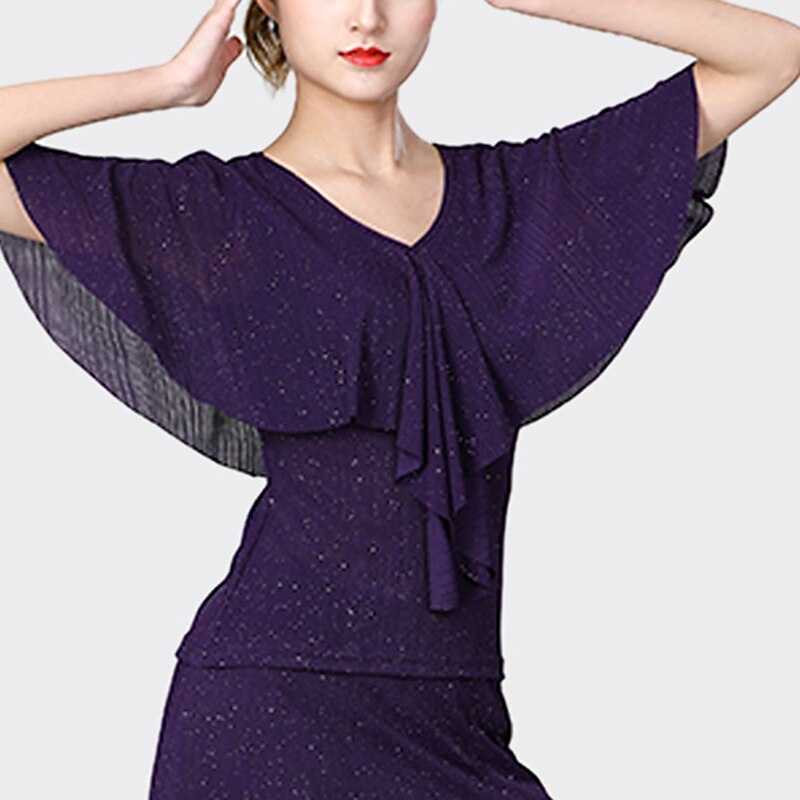 Latin Dance Ballroom Dance Top Ruffles Splicing Sequins Women's Performance Training Short Sleeve Spandex3