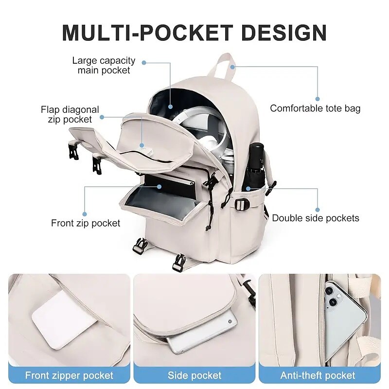 Men's Women's Backpack School Bag Bookbag Functional Backpack Commuter Backpack School Outdoor Solid Color Nylon Adjustable Large Capacity Waterproof Zipper Black White Pink2