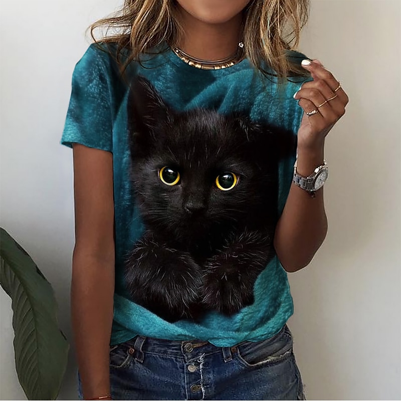 Women's T Shirt Basic Cat Print Short Sleeve Regular Tops Round Neck Daily Weekend Red Blue Purple Green Gray