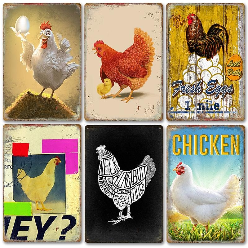 1pc Farm Metal Tin Sign Chicken Hen Tin Sign Vintage Kitchen Signs Wall Decor, Painting Wall Hanging for Restaurant Decor Bar Decor Home Decor Wall Art Metal Tin Sign 20x30cm/8''x12''4