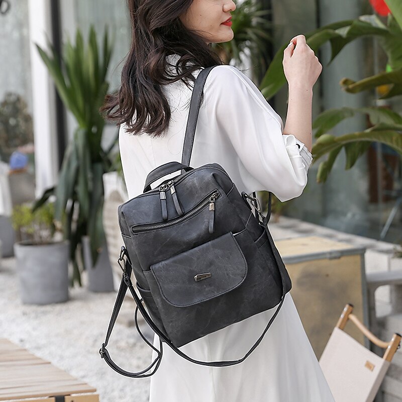 Women's Backpack School Bag Bookbag Commuter Backpack School Daily Solid Color PU Leather Large Capacity Waterproof Durable Zipper caramel colour Black Pink4