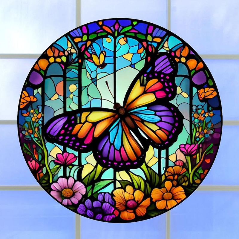 Butterfly Faux Stained Glass Window Cling Suncatcher, Round Dragonfly Wreath Glass, Butterfly Wreath Acrylic Plate Decoration4