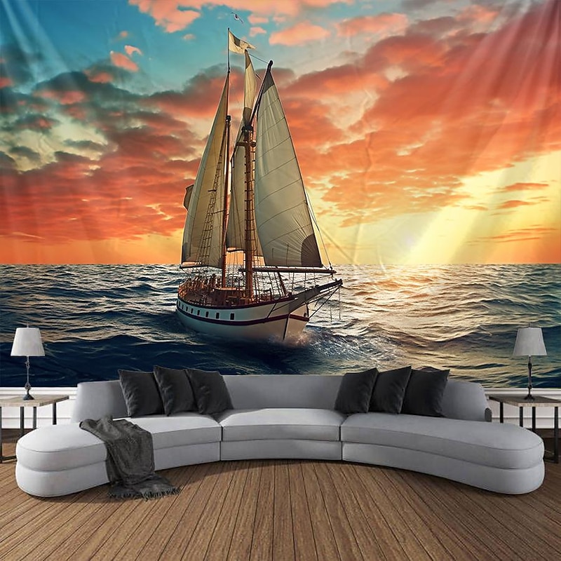 Sea Boat Hanging Tapestry Wall Art Large Tapestry Mural Decor Photograph Backdrop Blanket Curtain Home Bedroom Living Room Decoration4