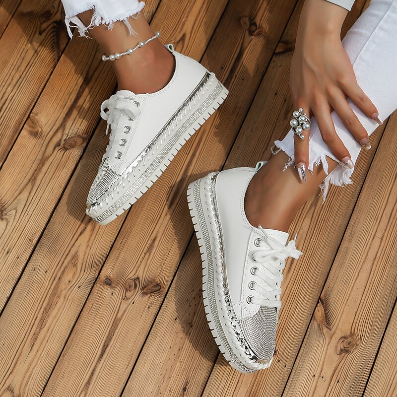 Women's Sneakers Flats Bling Bling Shoes Plus Size Platform Sneakers Party Outdoor Daily Solid Color Summer Rhinestone Flat Heel Round Toe Fashion Casual Minimalism PU Lace-up White Silver 6