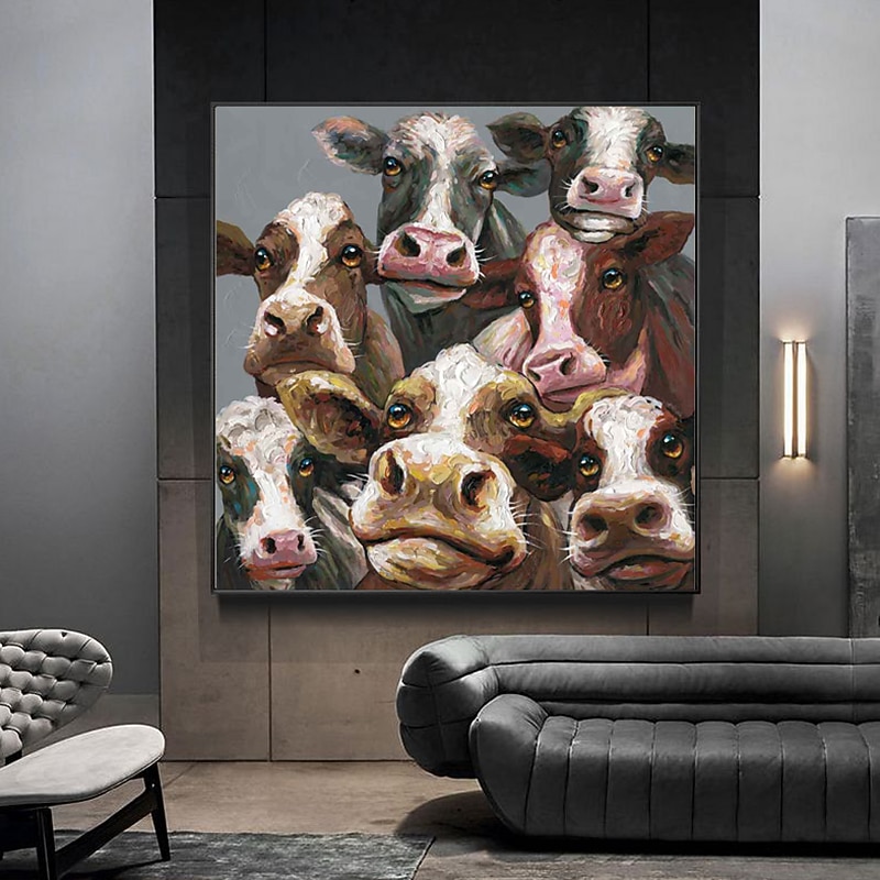 Handmade Oil Painting Canvas Wall Art Decoration Modern Abstract Animals Cute Cow Family for Home Decor Rolled Frameless Unstretched Painting