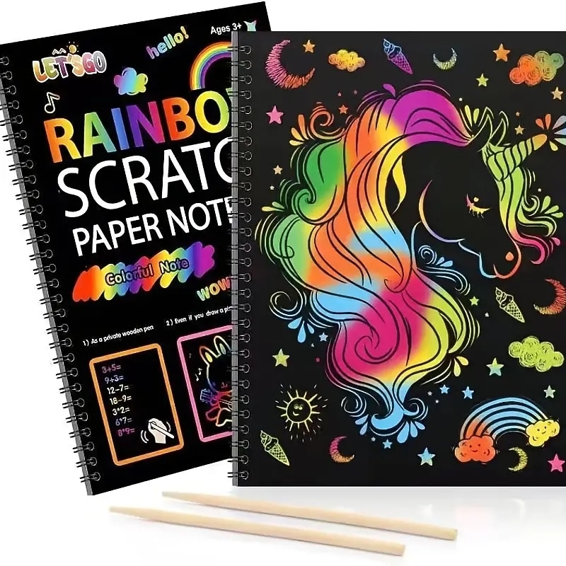 12 Sheets Rainbow Scratch Off Notebooks Arts Crafts Supplies Set Color Drawing Paper Kit For Kids Birthday Game Party Favor Festival Easter Activity Toy