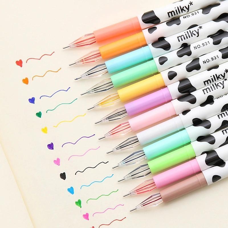 12pcs/Set Colorful Cute Milky Kawaii Cow Design Gel Pens For Office School Home Gifts, Kids Friends And Students, Back to School Supply