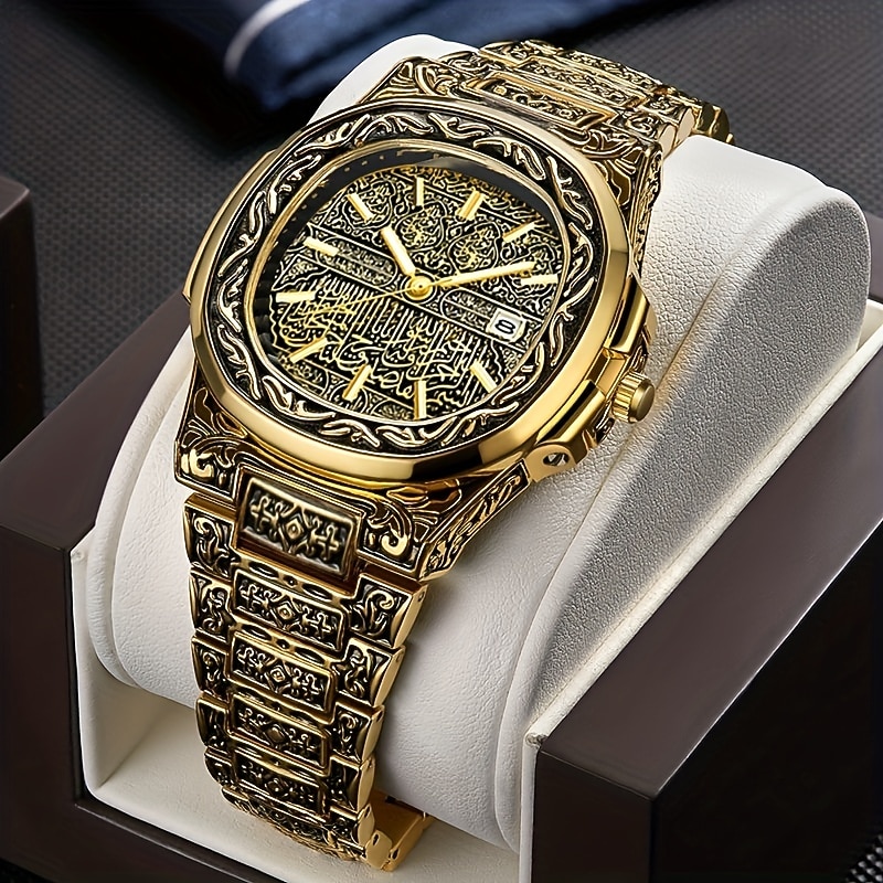 Retro Bronze Embossed Men's Steel Band Watch Fashion Trend High-end Calendar Business Men's Watch