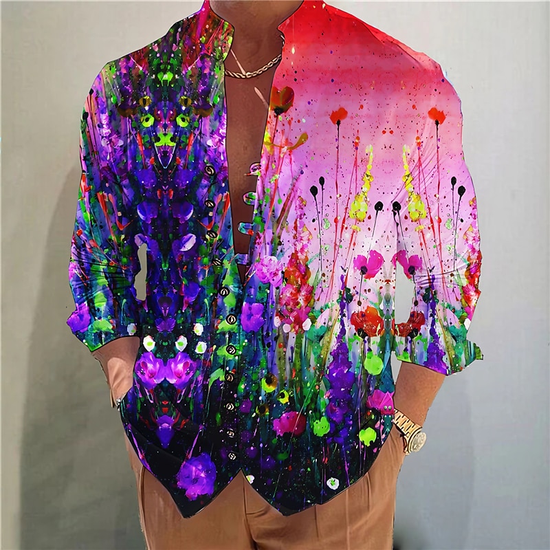 Men's Floral Color Block Shirt Button Up Shirt Long Sleeve Fashion Streetwear Designer Outdoor Casual Daily Summer Spring Fall Stand Collar Print Red Blue Light Purple Purple Green4