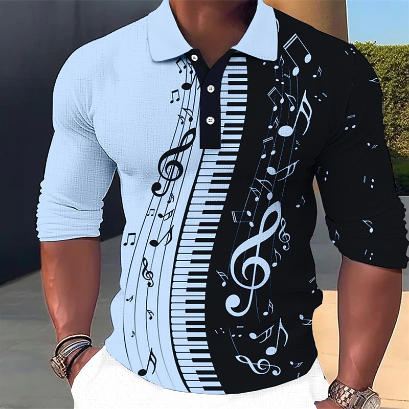 Music Festival Men's Music Hawaiian Polo Shirts Golf Shirt Long Sleeve Polo Shirts Collared Shirts Casual Beach Wear Vacation Wear Party Outfits 3D Print Buttons White Blue Green2