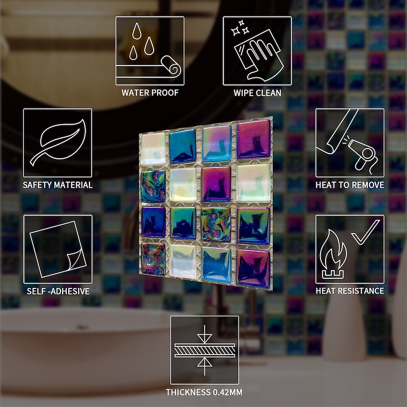 10pcs Mosaic Tile Sticker Waterproof Bathroom Wall Decoration Self-Adhesive Kitchen Oil Proof Wall Sticker Wall Decals 10*10cm4