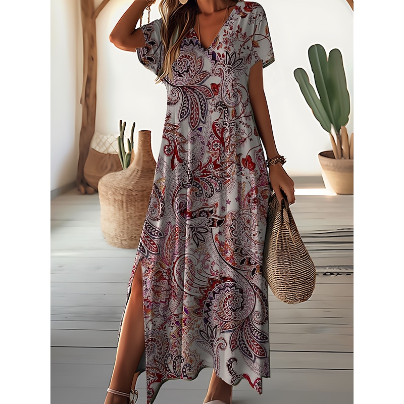 Women's Maxi Dress Floral Ditsy Floral Split Print V Neck Daily Vacation Short Sleeve Summer Spring2
