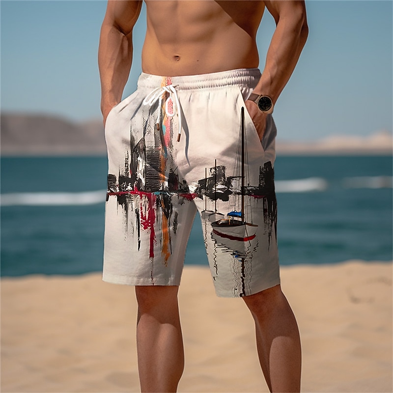 Men's Graphic Prints Building Sailboat Beach Shorts Terry Shorts Mid Waist Casual Athleisure Daily Holiday Streetwear Drawstring Elastic Waist 3D Print Designer Clothing Apparel4