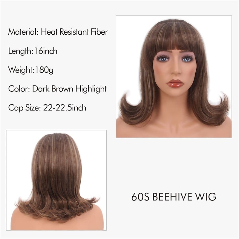 Brown Highlight 60s Beehive Wigs for Women Pinup Pelucas 50s Synthetic Hair Wig for Women Ladies Daily Used Costume Cosplay Fancy Dress 1960s Retro Wigs Halloween Wigs4