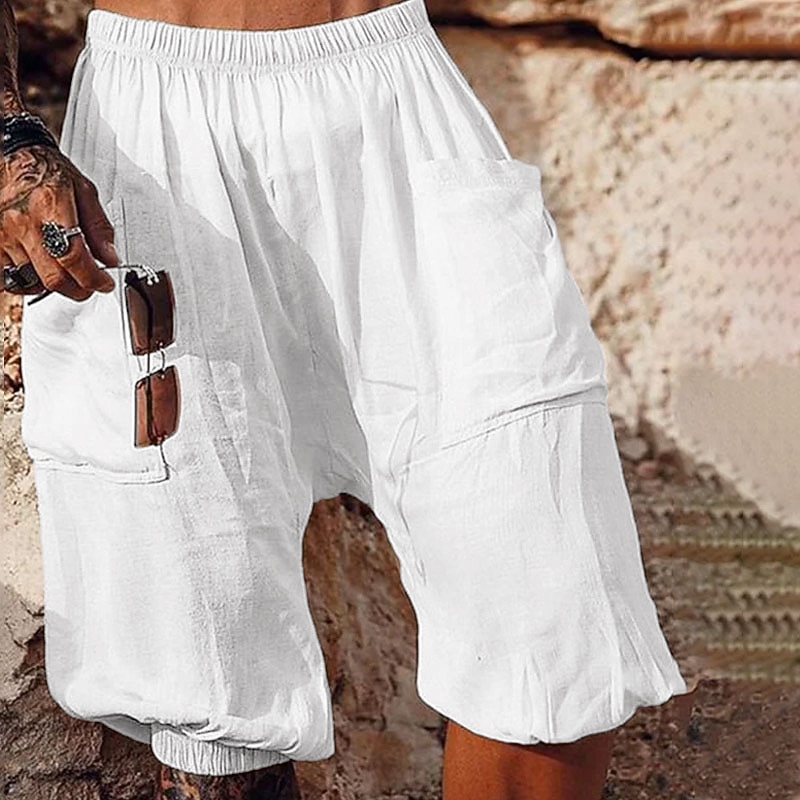 Men's Shorts Linen Shorts Summer Shorts Bloomers Pocket Elastic Waist Baggy Plain Comfort Breathable Short Casual Daily Holiday Fashion Classic Style Black White3
