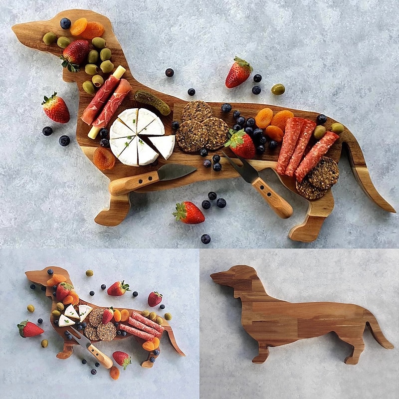 Dachshund Dog Dinner Plate Cute Christmas Dinner Plate, Wooden Plates Cutting Board Wooden Decorative Tray, Chopping Block for Fruit Platter, Dessert