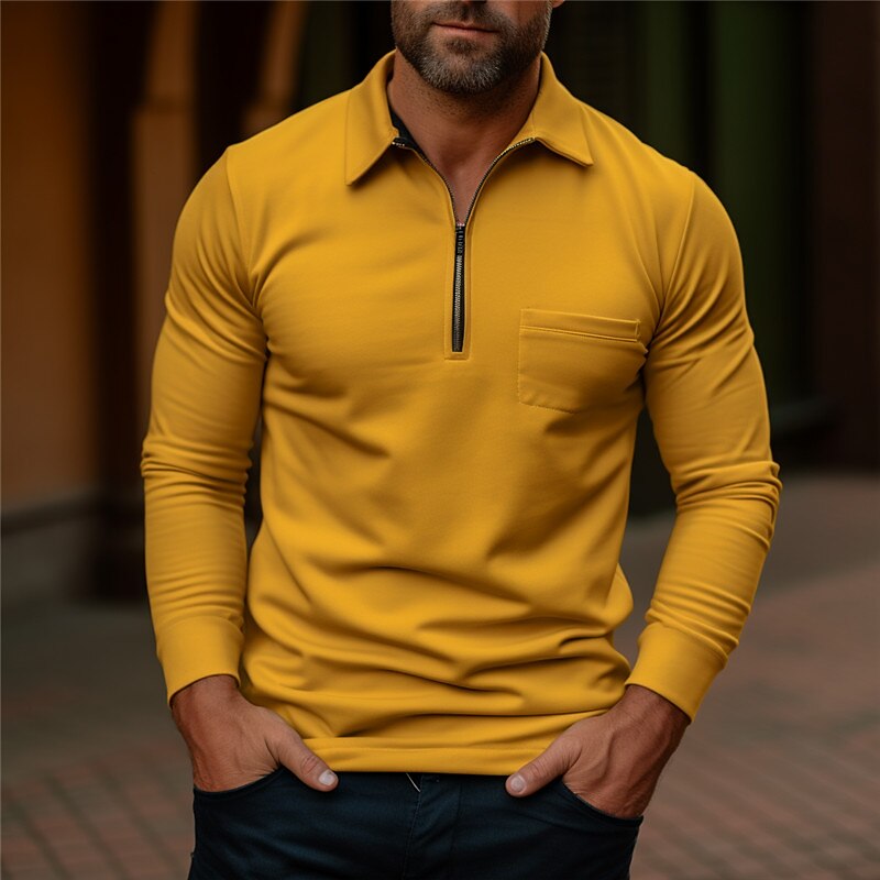 Men's Polo Shirt Quarter Zip Polo Work Daily Wear Lapel Long Sleeve Fashion Comfortable Plain Pocket Zip Up Summer Spring Regular Fit Yellow Navy Blue Dark Grey Army Green Polo Shirt