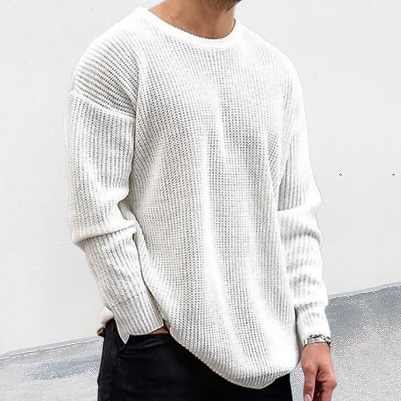 Men's Pullover Sweater Jumper Ribbed Crochet Knit Regular Knitted Solid Color Crew Neck Modern Contemporary Work Daily Wear Clothing Apparel Winter Black White M L XL4