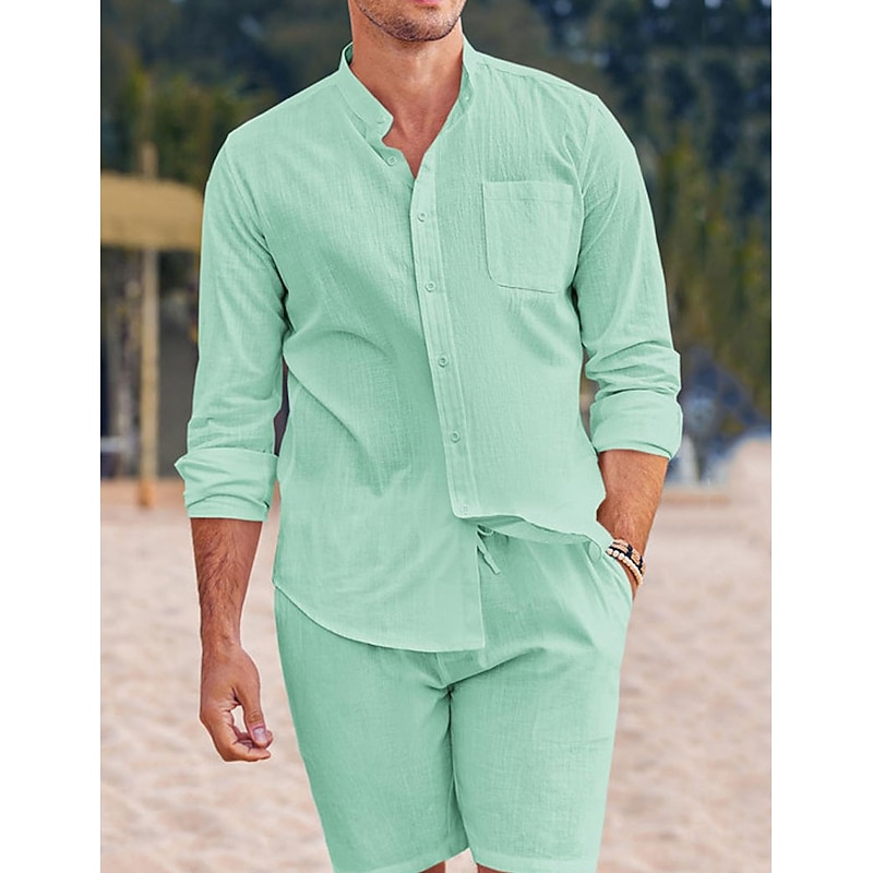 Men's Chinese Collar Shirt Mandarin Collar Shirt 2 Piece Shirt Set Summer Shirt Casual Shirt Pink Blue Green Beige Gray Long Sleeve Plain Grandad Collar Band Collar Vacation Daily Front Pocket
