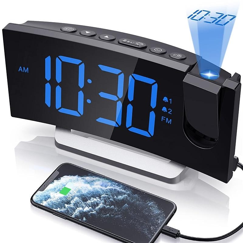 Projection Clocks FM Radio Curved-Screen Digital Alarm Clock LED Display with Dimmer Dual Alarm with USB Charging Port 12/24 Hours Backup Battery for Clock Setting2