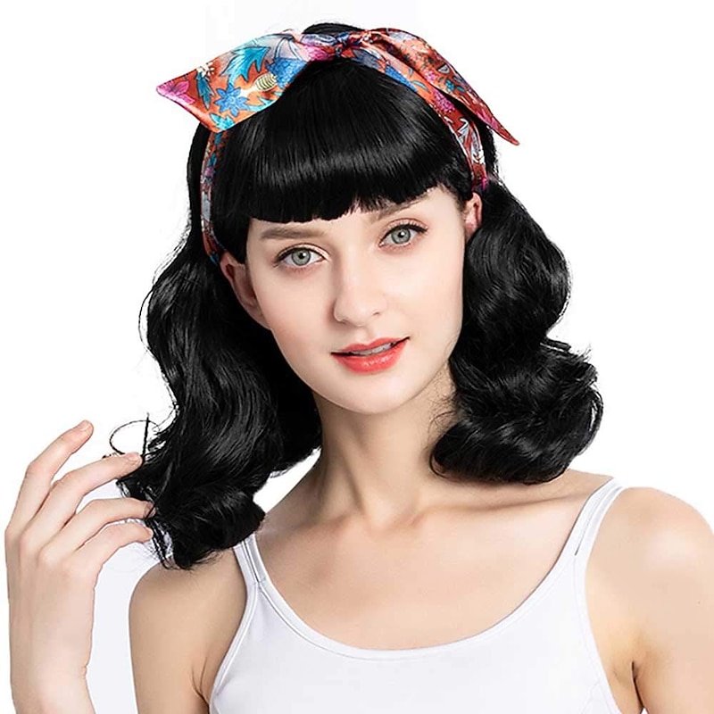 Hair 50s Wig Rockabilly Vintage Wig Wavy Black Wig  Wig For Woman For Cosplay & Daily Use Halloween Wigs