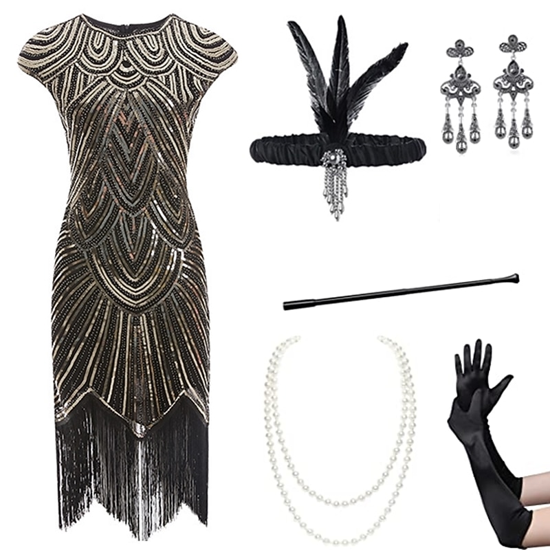 Roaring 20s Vintage Inspired The Great Gatsby Outfits Party Costume Masquerade Sleeveless The Great Gatsby Wedding Guest Sequins Tassel Fringe Sequin Tassel Round Neck Fancy Dress Women's Halloween4