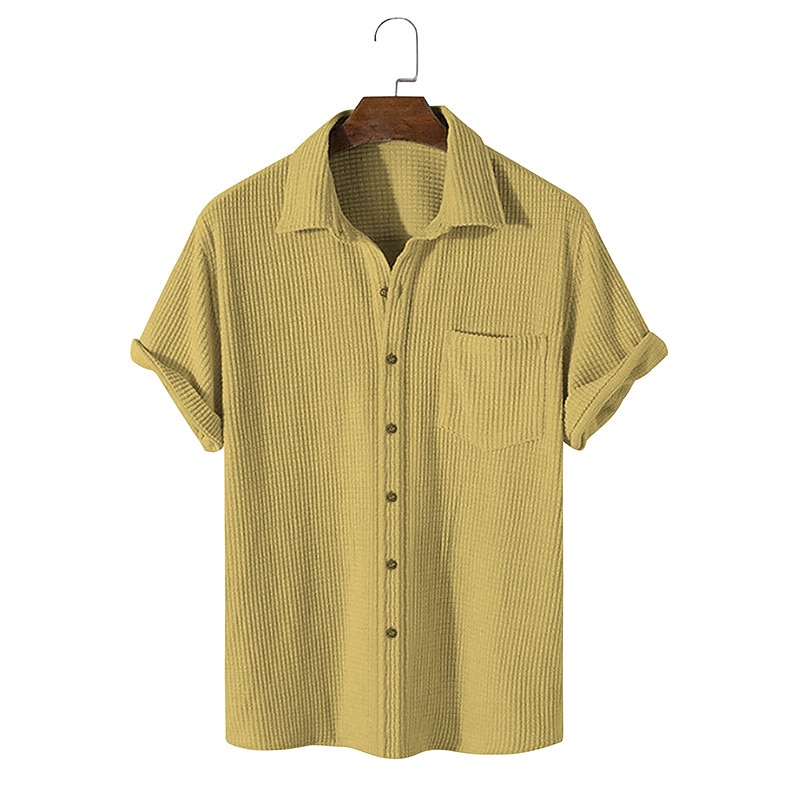 Men's Casual Shirt Button Up Shirt Waffle Knit Shirt Yellow Blue Green Apricot Short Sleeve Plain Lapel Vacation Street Basic Clothing Apparel Polyester Fashion Leisure3