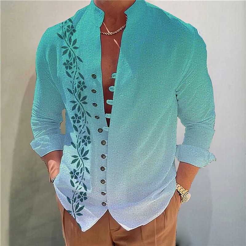 Men's Gradient Leaves Shirt Button Up Shirt Long Sleeve Fashion Streetwear Designer Outdoor Casual Daily Summer Spring Fall Stand Collar Print Blue-Green Yellow Pink Blue Purple