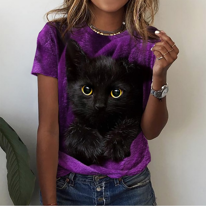 Women's T Shirt Basic Cat Print Short Sleeve Regular Tops Round Neck Daily Weekend Red Blue Purple Green Gray4