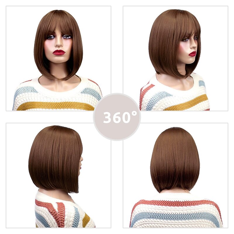 Short Straight Bob Wigs with Air Bangs Honey Brown Wig for Women Shoulder Length Heat Resistant Fiber Hair Wigs2