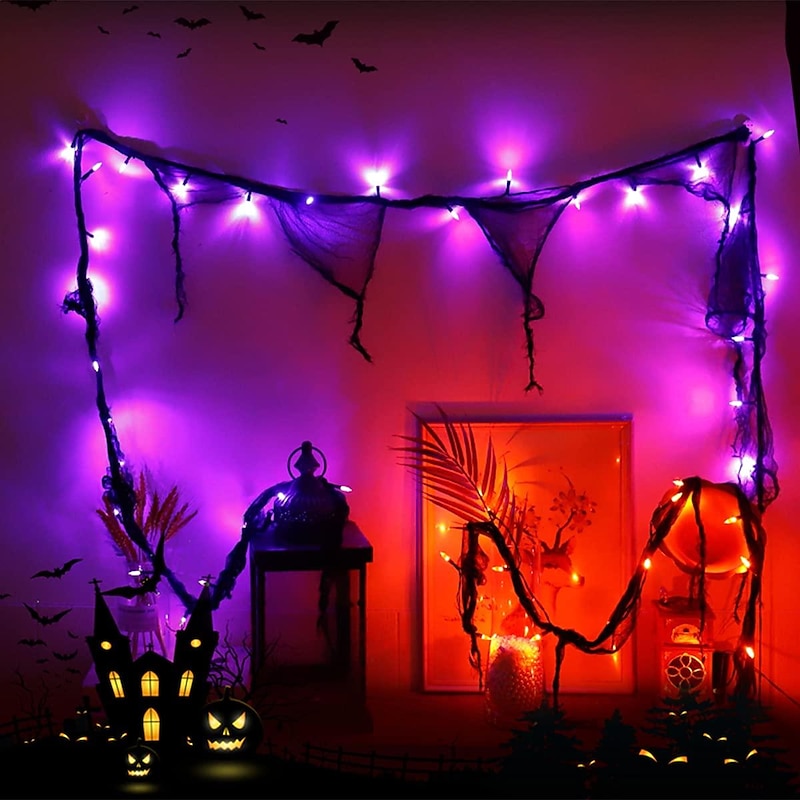 Halloween String Lights Indoor 30LED Orange Decorations with Black Gauze Battery Operated 9.9Ft Creepy Cloth Spooky Lights Gothic Party Room Decor 2 Modes Steady/Flickering Lights4