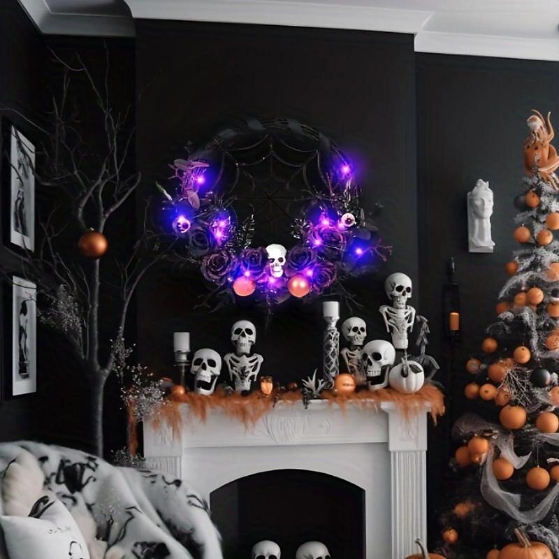 Halloween Wreath Hanging Decoration In Front Of The Door Ghost Festival Skeleton Pumpkin Maple Leaf Black Wreath With Lights2