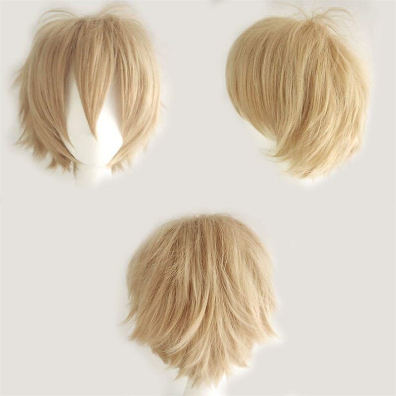 Unisex Cosplay Short Straight Hair Wig Women Mens Cool Fluffy Style Anime Con Party Dress Synthetic Wigs Linen Blonde Halloween Wigs