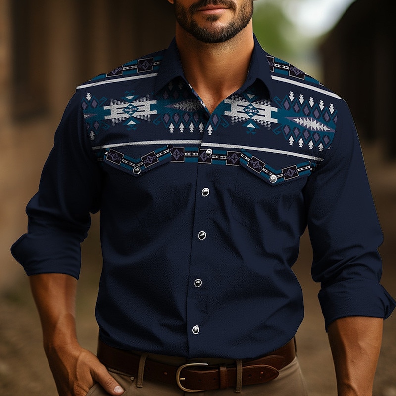 Men's Tribal Graphic Prints Vintage Shirt Western Shirt Cowboy Shirt Long Sleeve Fashion Designer Casual Outdoor Daily Fall & Winter Turndown Print Black Navy Blue Dark Green