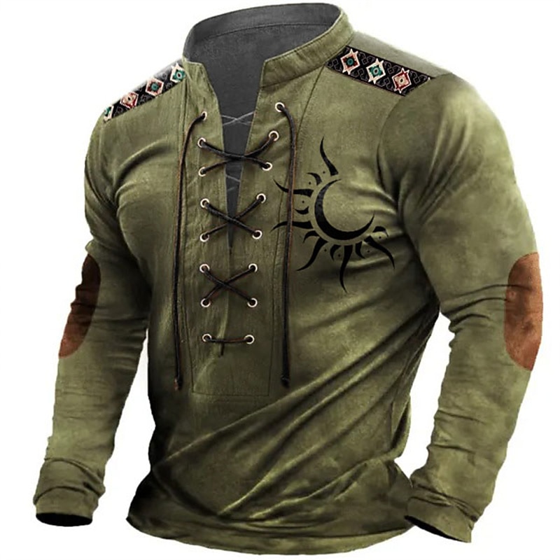 Men's Tribal Graphic Prints T Shirt Vintage Shirt Long Sleeve T shirt Standing Collar Shirt Designer Basic Casual Sports & Outdoor Daily Sports Black Navy Blue Brown Spring & Summer Clothing Apparel3