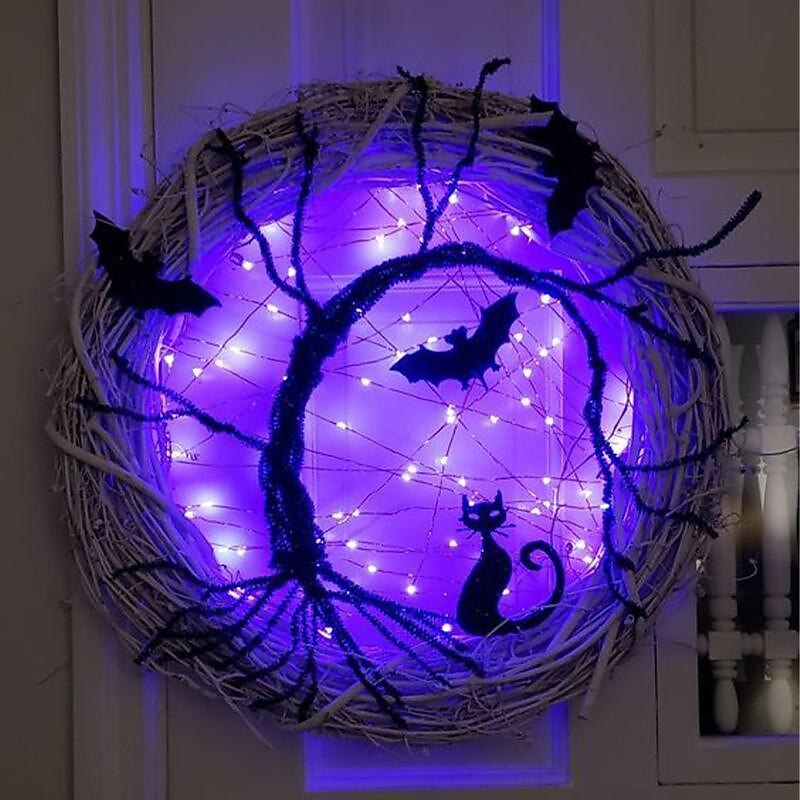 30CM Happy Halloween Decorations Wreath with LED, Light Up Black Bat Cat Wreath Pendant for Halloween Decoration Home Party Supplies2