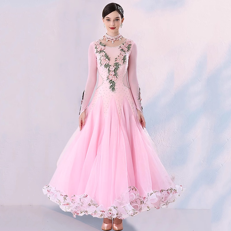 Ballroom Dance Dress Floral Print Ruffle Women's Performance Long Sleeve Natural Tulle