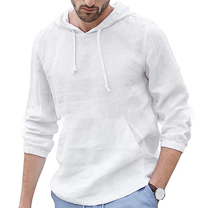 Men's Linen Shirt Cotton Linen Shirt Summer Shirt Beach Shirt Plain Hawaiian Holiday Black White Blue Long Sleeve Hooded Spring & Summer Clothing Apparel Basic2