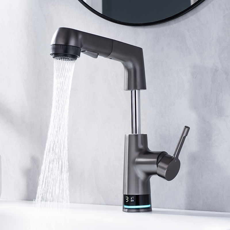 Bathroom Faucet LCD Digital Display Sink Mixer Basin Taps with Pull out Sprayer, Single Handle Liftable Spout Head 3 Mode, Brass Vessel Tap Washroom