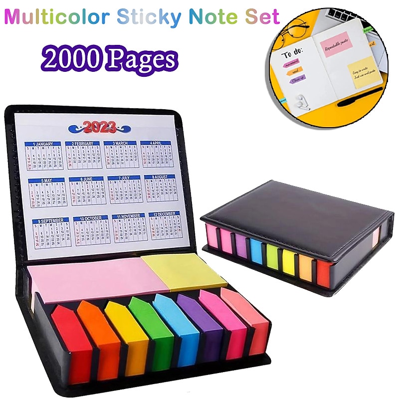 2000 Pages Multicolor Sticky Note Set, Color Memo Pads With Leather Packing Box, Colored Divider Self-Stick Notes Pads Bundle With Calendar 2023 For Office School Home, Back to School Gift