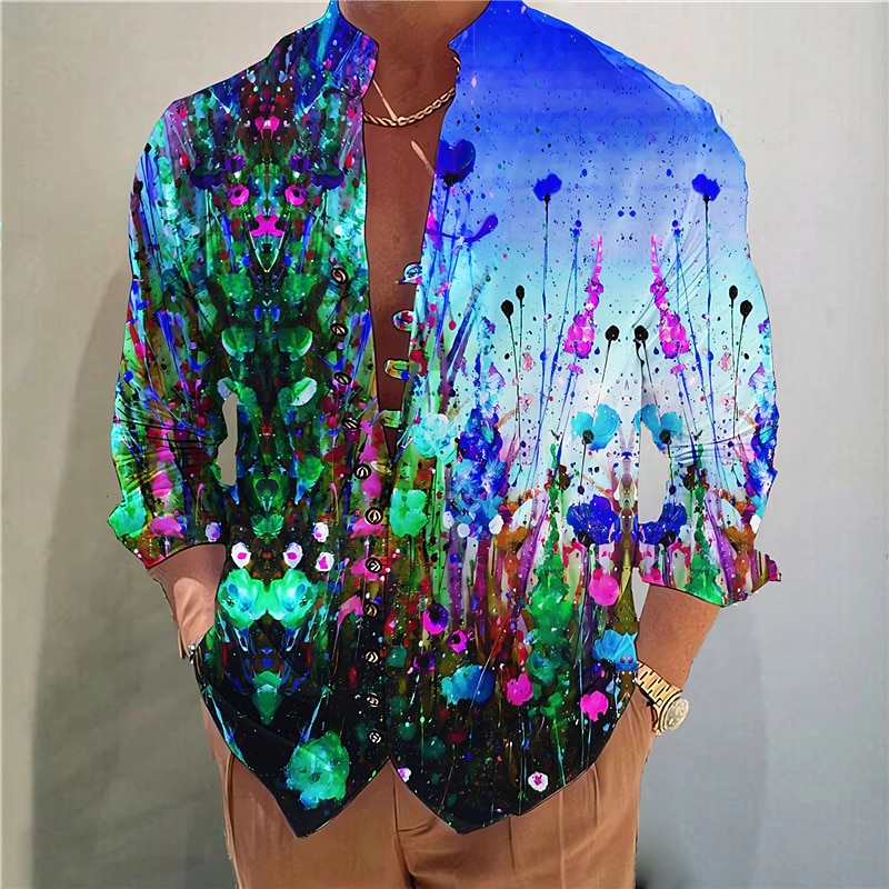 Men's Floral Color Block Shirt Button Up Shirt Long Sleeve Fashion Streetwear Designer Outdoor Casual Daily Summer Spring Fall Stand Collar Print Red Blue Light Purple Purple Green2