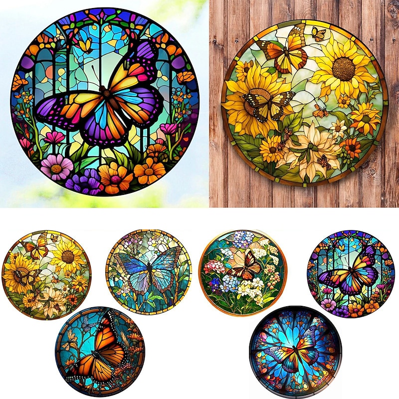 Butterfly Faux Stained Glass Window Cling Suncatcher, Round Dragonfly Wreath Glass, Butterfly Wreath Acrylic Plate Decoration