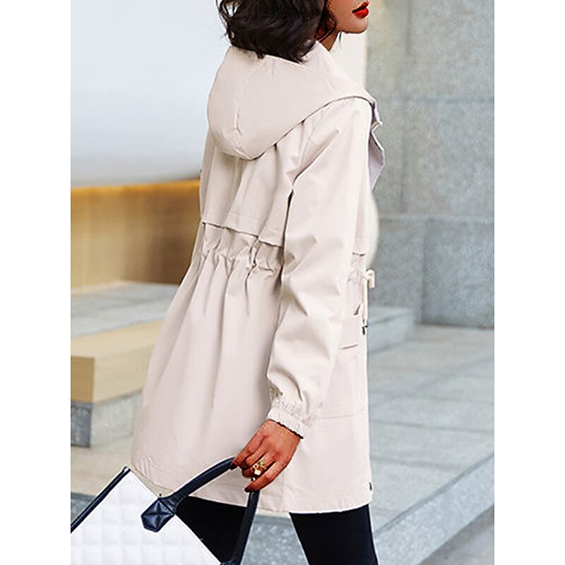 Women's Trench Coat Fall Outdoor Zipper Plain Breathable Streetwear Regular Fit Outerwear Long Sleeve Black M3