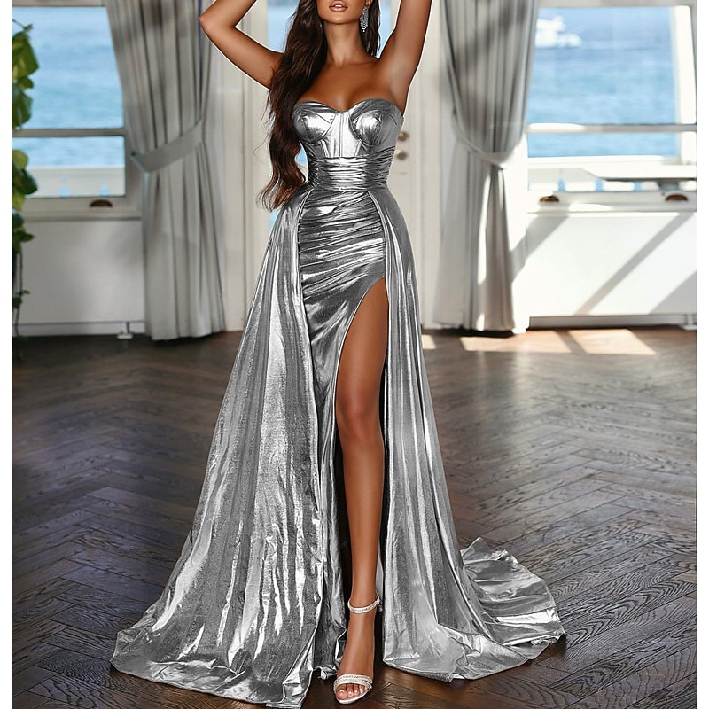 Mermaid Gold Evening Gown Sexy Dress Carnival Formal Court Train Sleeveless Strapless  with Ruched Slit Masquerade Dress3