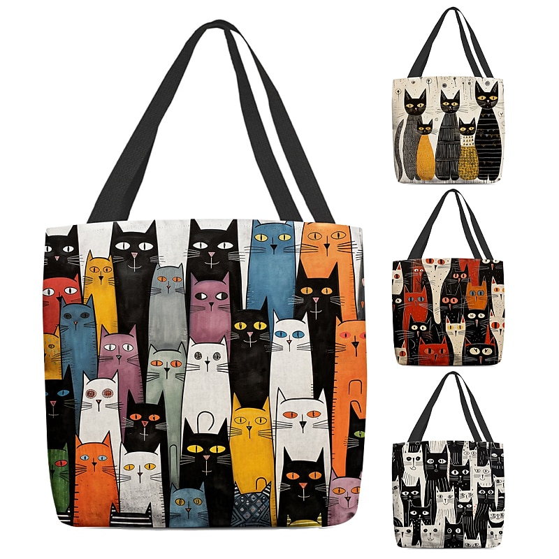 Colorful Large Capacity Tote Bags with Abstract Cat Art Designs for Everyday Use