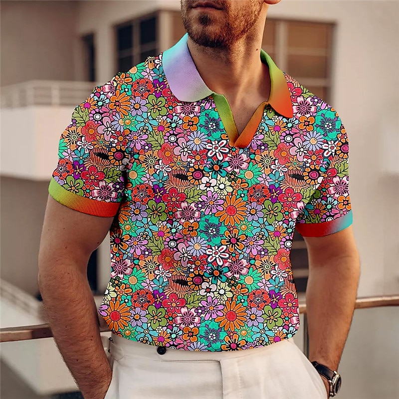 Kentucky Derby Men's Floral Hawaiian Polo Shirts Golf Shirt Short Sleeve Polo Shirts V Neck Casual Beach Wear Vacation Wear Tropical Wear Party Outfits 3D Print Blue-Green Yellow Red2