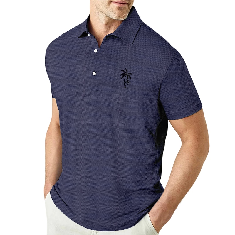 Men's Coconut Tree Graphic Prints Polo Shirts Lapel Polo Graphic Polo Button Up Polos Cotton Polo Shirt Short Sleeve Shirt Turndown Outdoor Street Black White Pink Navy Blue Blue Print Clothing